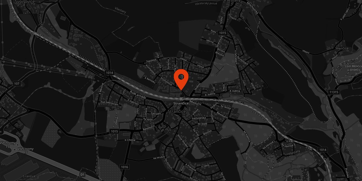 Mapa okolí Strančic s vyznačenou provozovnou Cut-Tech na adrese Průmyslová 62, 251 63 Strančice